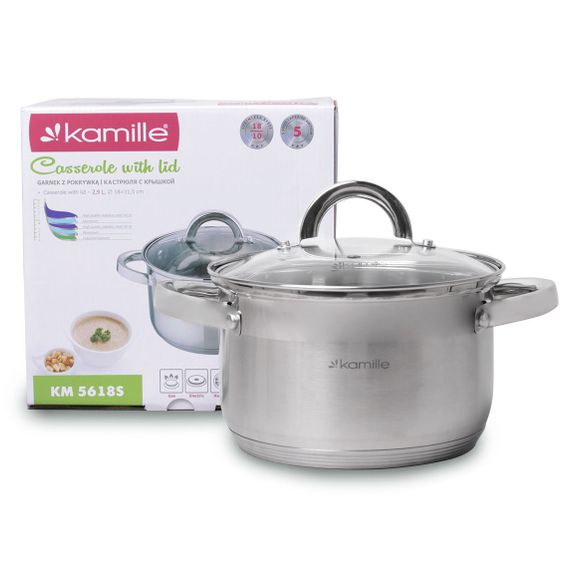 Каструля з кришкою 2.5л з нержавіючої сталі та порожнистими ручками для індукції та газу