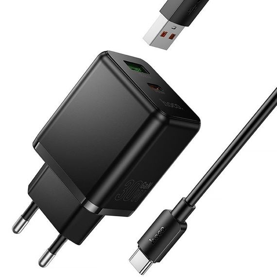 МЗП Hoco C157A Smart PD30W+QC3.0 (1USB-A/1C) + кабель USB to Type-C Black | Зображення 3