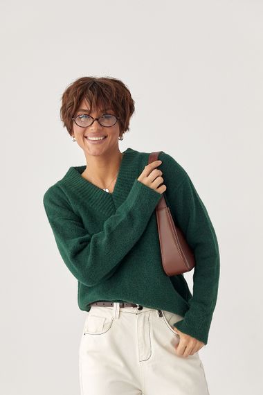 В'язаний однотонний пуловер вільного фасону - зелений цвет, ONE SIZE (є розміри) | Зображення 3