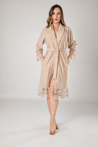 Женский халат Nusa 8670, трикотажный с кружевом, бежевый M