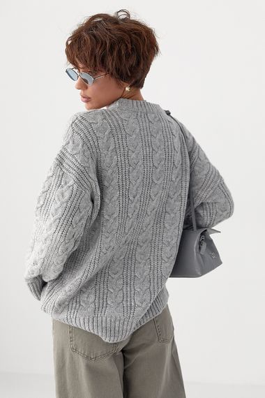 В'язана жіноча кофта в косички - сірий цвет, ONE SIZE (є розміри) | Зображення 1