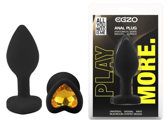 Анальна пробка EGZO Silicone Black Heart Plug S, чорна силіконова пробка з жовтим серцем Sex Aura