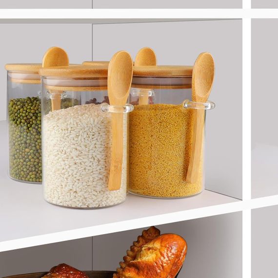 Банки для хранения набор 4 шт 500 мл стеклянные емкости с ложкой, крышкой, наклейками для кухни чая кофе круп | Зображення 5