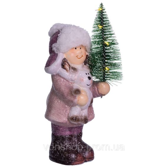 Новогодняя фигурка с подстветкой Девочка с елкой из фарфора 12×8×23 (см) новогодний декор для дома, квартиры, офиса CR-5-3