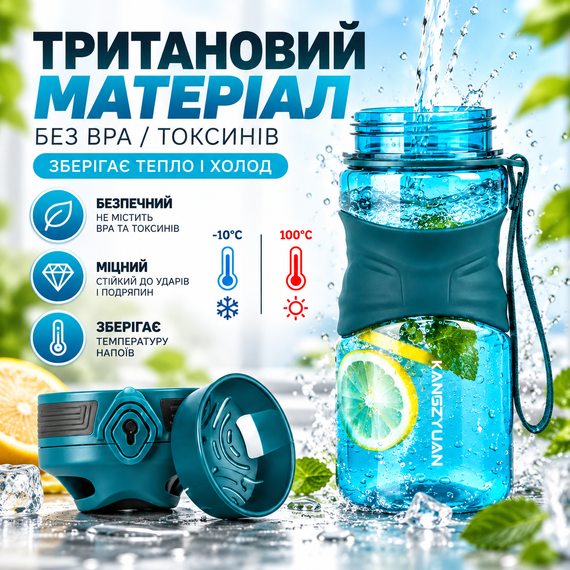 Бутылка для воды KANGZYUAN 650 мл спортивная с Tritan BPA-free, ударопрочная, с эргономичной крышкой и ремешком | Зображення 9