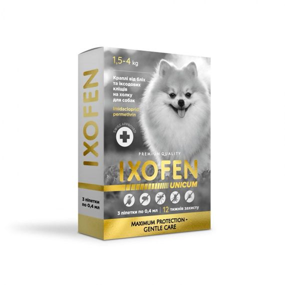 Капли от блох и клещей для собак весом до 4 кг Unicum Ixofen, 3 пип