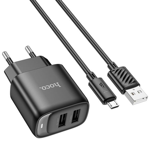 МЗП Hoco C141A Smart 2.1A (2USB-A) + кабель USB to MicroUSB Black | Зображення 3