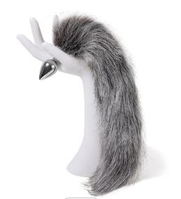 Анальна пробка з хвостом Anal plug faux fur fox tail light grey polyeste
