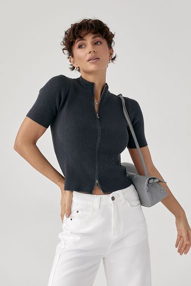 Однотонна футболка в рубчик на блискавці - темно-сірий цвет, ONE SIZE (є розміри)