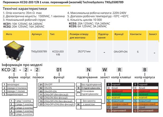 Перемикач KCD2-203 Y/B 1 кнопка жовта перекидний Ny95500789 | Зображення 1