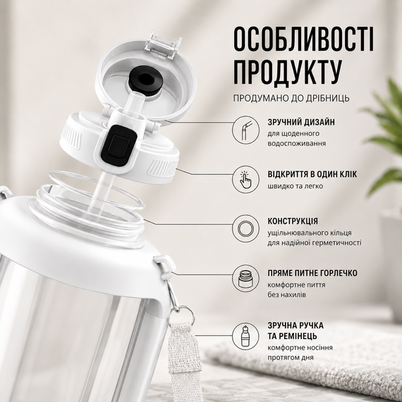 Спортивная бутылка для воды Tritan 2200 мл с ручкой и ремешком, Белая (Тритановая бутылка большой емкости) | Зображення 2