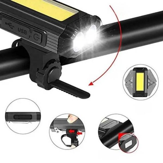 Велофонарь аккумуляторный с магнитом и велокреплением металлический  501-2XPE+COB Черный