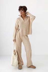 В'язаний костюм зі светром із блискавками та прямими штанами - бежевий цвет, ONE SIZE (є розміри)
