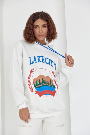 Утепленное худи с принтом и надписью Lake city - молочный цвет, L (есть размеры) | Зображення 4