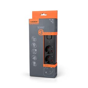 Мережевий подовжувач VIDEX ONCORD з/з 3п 3м (3x1.5мм) з кнопкою Black