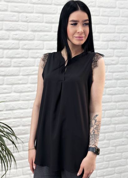 Женская легкая летняя удлиненная блуза с кружевом GF04171 цвет черный, размер 48 | Зображення 1
