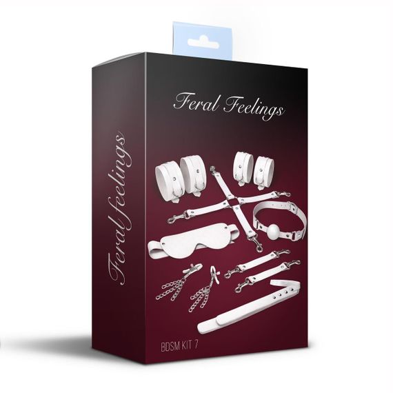 Набір Feral Feelings BDSM Kit 7 White, наручники, поножі, конектор, маска, падл, кляп, затискачі Sex Aura | Зображення 1