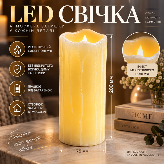 Свеча LED декоративная 75×200 мм с эффектом живого пламени на батарейках, теплый свет | Зображення 5