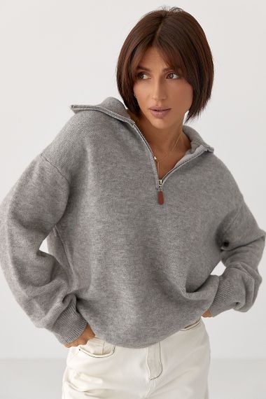 В'язаний однотонний светр із блискавкою - сірий цвет, ONE SIZE (є розміри)
