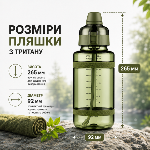 Спортивная бутылка для воды 1 л (1000 мл) с соломинкой Tritan Зеленая. Ударопрочная эко бутылка без BPA | Зображення 2