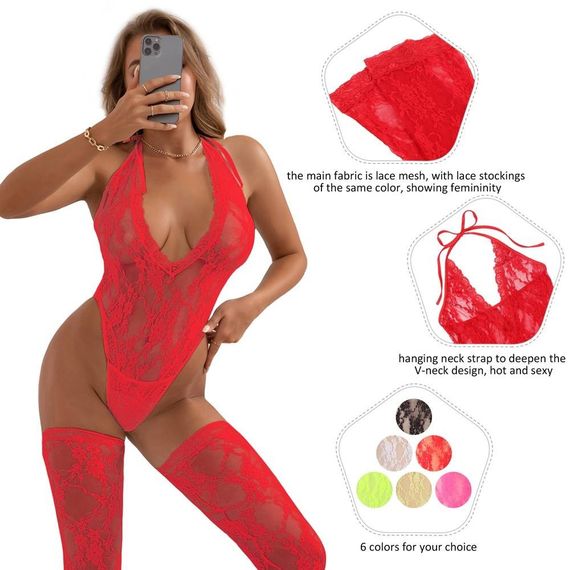Боді з панчохами Star Night мереживне, напівпрозоре, червоний, ХL sexstyle | Зображення 4