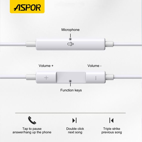 Навушники з мікрофоном Aspor A236 EarPhone Lightning-білий | Зображення 2