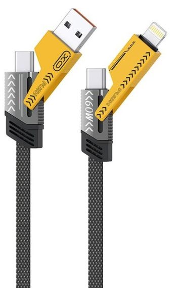Кабель XO NB283 Braided Flat Type-C/USB-A to TYPE-C/Lightning - 4-in-1 - 60W - 1m Black | Зображення 2