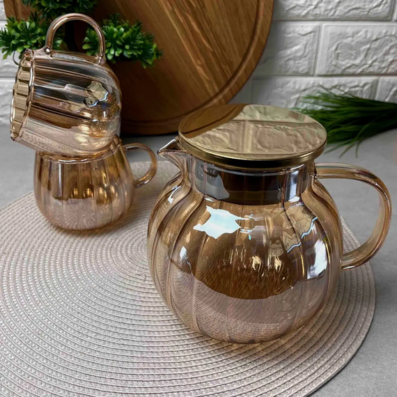 Стильный стеклянный чайник Amber Fresh Wave GK-5530 1,25 л из термостойкого боросиликатного стекла Золотистый | Зображення 6