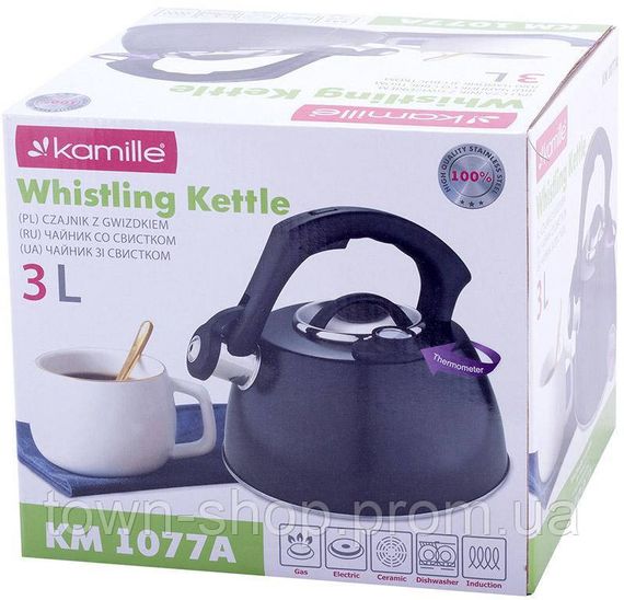 Чайник Kamille Whistling Kettle Thermo 3л из нержавеющей стали со свистком и термометром, черный KM-1077A | Зображення 5