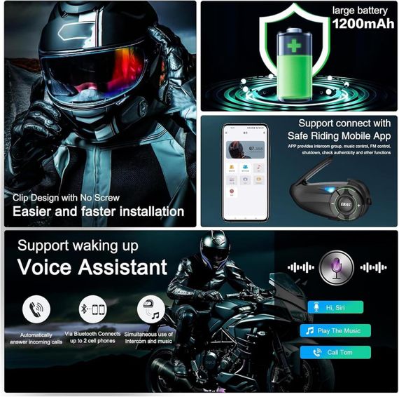 Мотогарнитура EJEAS Q8, интерком Bluetooth 1000м с CVC шумоподавлением, FM, IP67, 1200 мАч с Mesh 3.0 для мото | Зображення 5