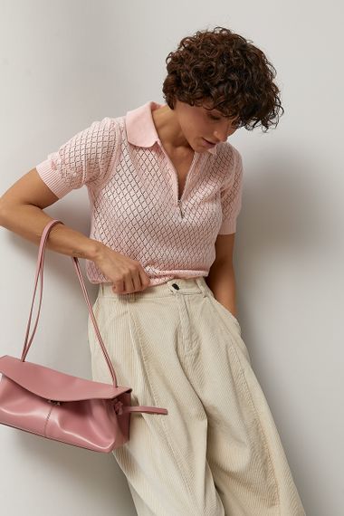 В'язане ажурне поло в ромби - пудра цвет, ONE SIZE (є розміри) | Зображення 4