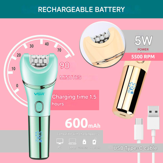 Епілятор VGR 7 в 1 V-756 Gold, 7 насадок, водонепроникний корпус класу IPX7 (46271-V-756 GOLD_733) | Зображення 8