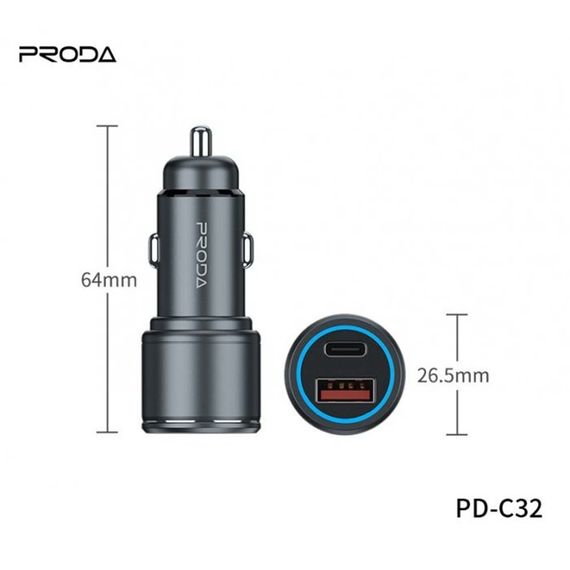 Автомобільний зарядний пристрій Remax Proda PD-C32 PD 20W + QC 18W 1USB/1Type-C сірий (MAW-45379_223) | Зображення 3