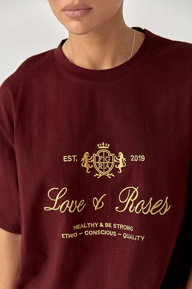 Футболка вільного фасону з вишитими написами - бордо цвет, ONE SIZE (є розміри) | Зображення 3