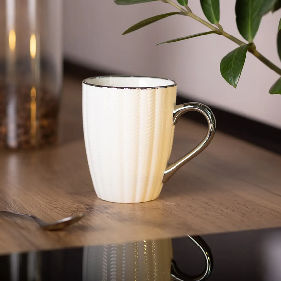 Чашка фарфоровая 400 (мл) с серебристым ободком и ручкой для чая Бежевая RX-N231315BE | Зображення 3