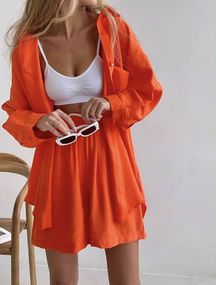 Женский летний костюм рубашка и шорты BF167 цвет оранжевый, оверсайз 48/50