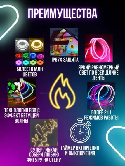 Розумна гнучка LED Neon RGB стрічка-шланг 5 метрів від USB керування режимами з телефону, Bluetooth додаток, пульт | Зображення 7