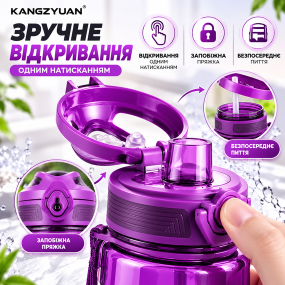 Пляшка для води KANGZYUAN 650 мл фіолетова спортивна Tritan BPA-free ударостійка з ергономічною кришкою | Зображення 5