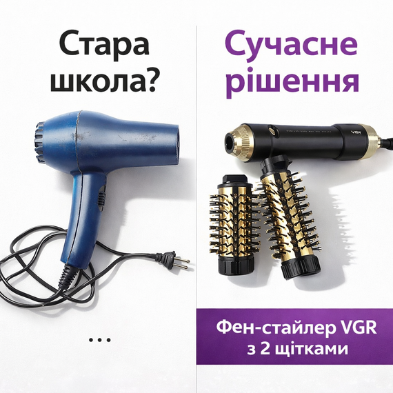 Професійна фен-щітка стайлер VGR V-480 Black Edition (1200 Вт) — мультистайлер для об'єму та укладання волосся з функцією іонізац | Зображення 1