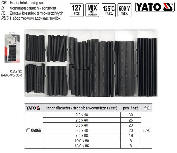 Набор кембрики термоусадочные изоляция 600V 127 штук YATO YT-06866 | Зображення 4
