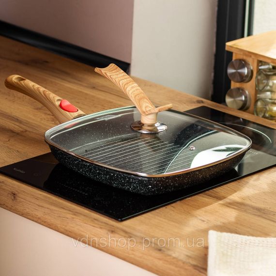 Алюмінієва сковорода-гриль 28 см зі скляною кришкою, квадратна, чорна MGC HP-4-462B | Зображення 6