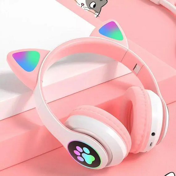 Беспроводные Bluetooth наушники с кошачьими ушками и цветной подсветкой Розовый
