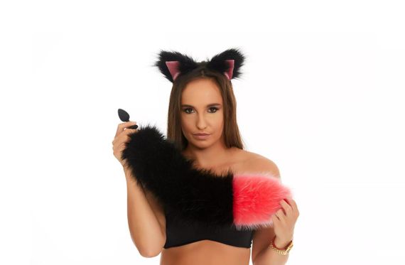 Анальний хутряний хвіст без пробки, Чорний з яскраво-рожевим кінчиком, OKOVA, 50 см. sexstyle | Зображення 2