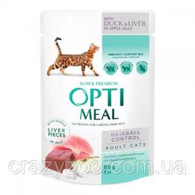 Консерва для дорослих котів OptiMeal Adult Hairball Control шерстьовивідний качка зі шматочками печінки в яблучному
