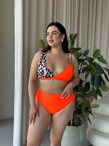 Роздільний помаранчевий купальник PLUS SIZE з високими плавками та лео принтом | Зображення 8