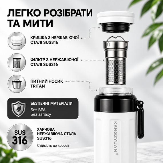 Термос-бутылка KANGZYUAN 600 мл (0,6 л), вакуумная, из нержавеющей стали 316, с ситечком и ручкой, белая | Зображення 2