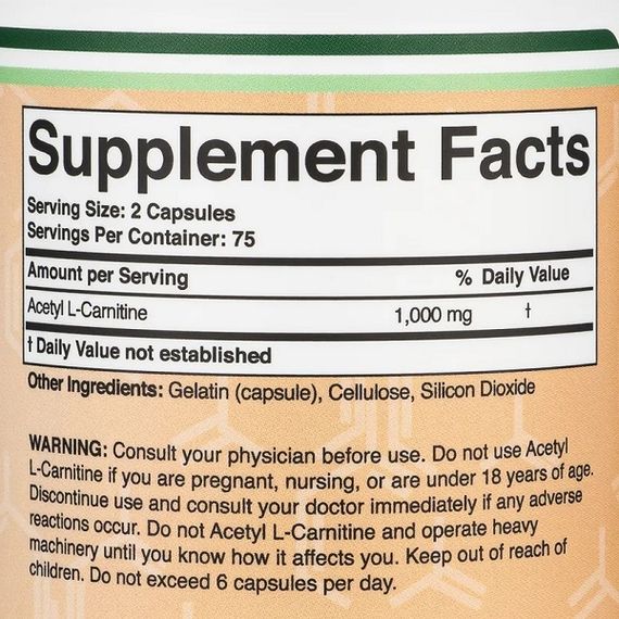 Комплекс Ацетил/Карнітін Double Wood Acetyl L-Carnitine 1000 mg (2 caps per serving) 150 Caps | Зображення 1