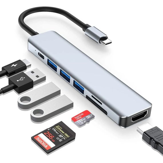 USB-хаб 7в1, Type-C to HDMI + SD + TF + 3xUSB + PD, Сірий / USB розгалужувач для ноутбука / ЮСБ хаб | Зображення 5