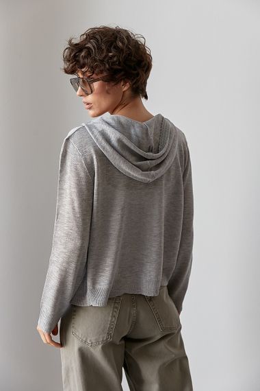 Легкий в'язаний кардиган на ґудзиках із капюшоном - сірий цвет, ONE SIZE (є розміри) | Зображення 1