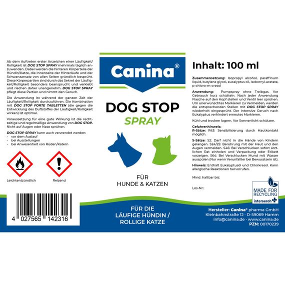 Гігієнічний засіб Canina Dog Stop Forte для собак і котів для заспокоєння при тічці спрей 100 мл | Зображення 1